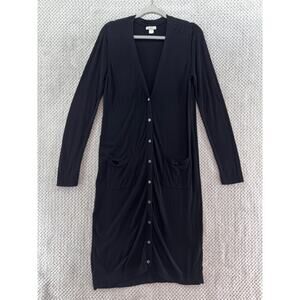 Garnet Hill Sweater Womens M Black Silk Long Cardigan Button Front Thin Stretchy